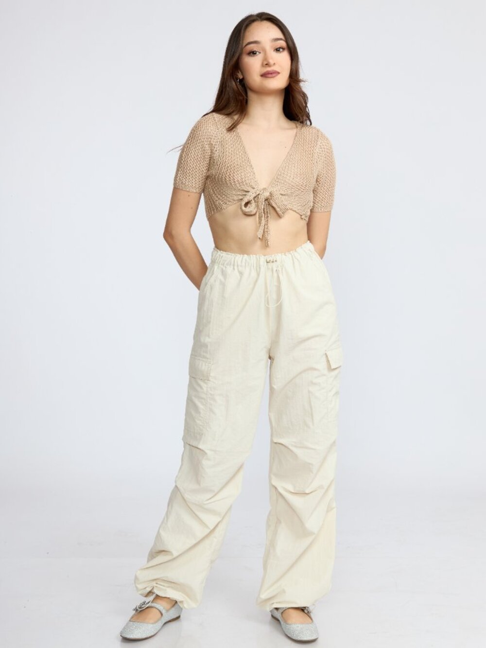 Women's Lightweight Nylon Cargo Pants, Wide Leg Drawstring Utility Pants - Picture 2 of 7